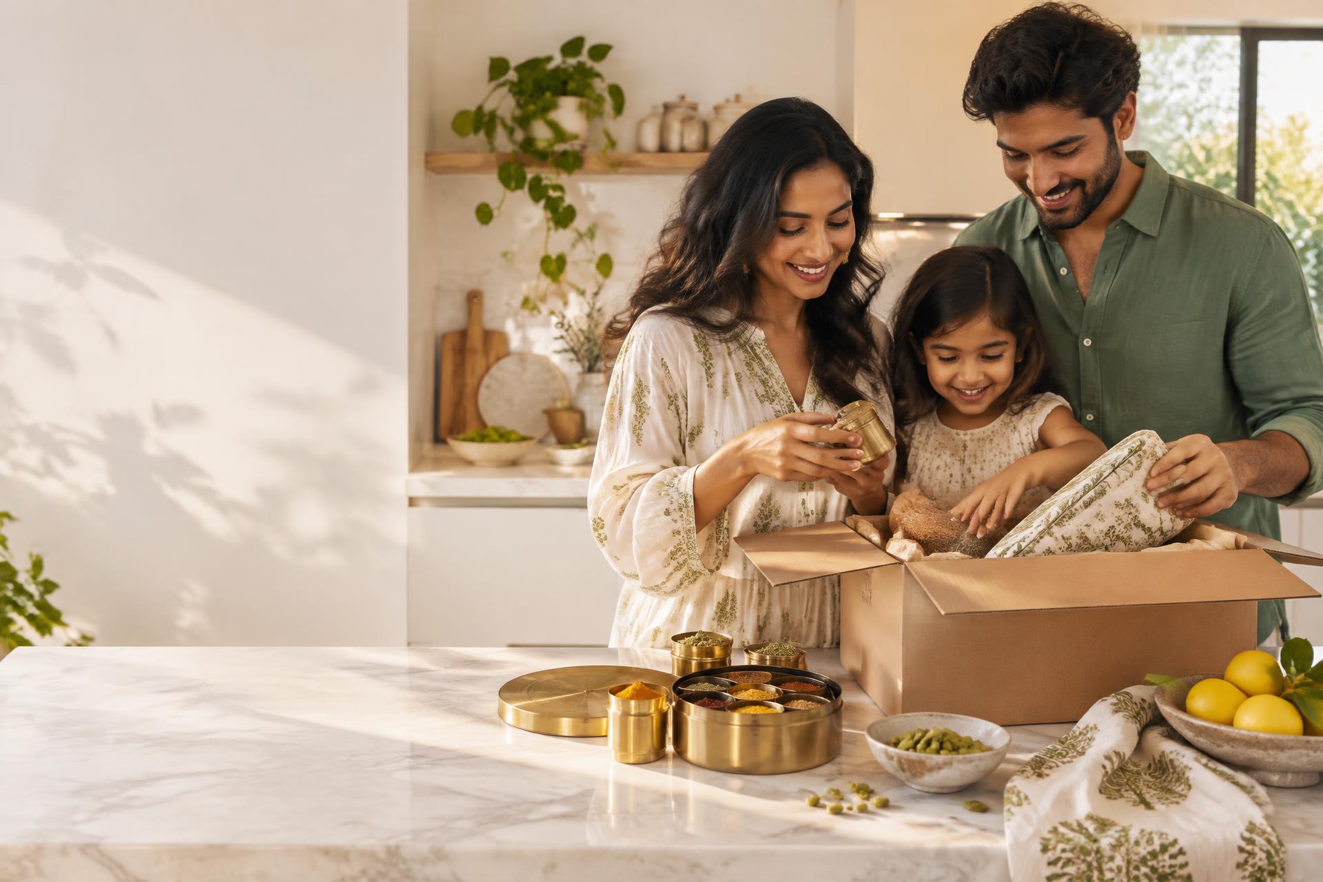 An Indian-Australian family opening a parcel of Indian pantry goods in their kitchen